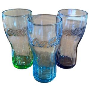 Set‎ of three Coke Glasses Purple Green Blue Coca Cola Collectible